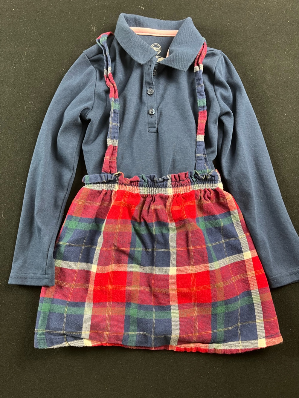 Navy Polo Top with Red & Blue Plaid Suspender Skirt